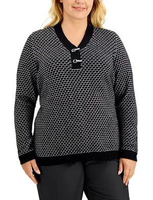 Karen Scott Womens XL Henley V-Neck Sweater Black & White‎ thumbnail 1