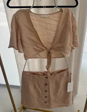 Cotton Candy Beige Tie-Front Top and Button-Front A-Line Skirt Set thumbnail 1