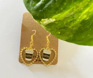 Handmade Coffee Lover Heart Dangle Earrings NEW thumbnail 1