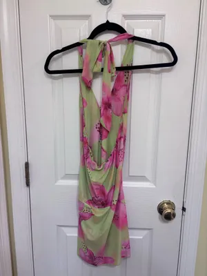 Amazon Pink and green floral halter top mini dress thumbnail 2