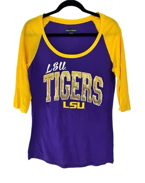 LSU Tigers Women’s Top M Purple Gold Sequin Raglan 3/4 Sleeve Shirt Football thumbnail 1