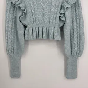 MAJORELLE Langley Cable Ruffle Sweater Small Blue Coquette Cottagecore Boho thumbnail 6
