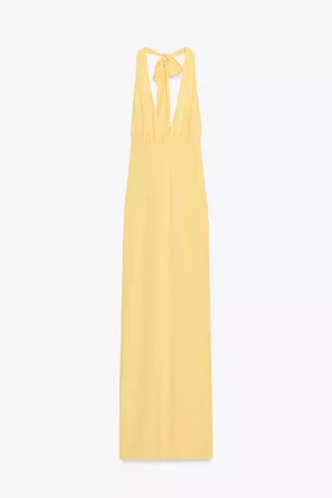 Zara Butter Yellow Halter Maxi Dress with Plunging Halter Neckline Scarf Wedding Party thumbnail 11