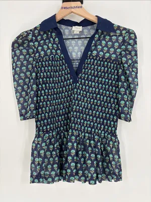Maeve blue small smocked sheer top thumbnail 1