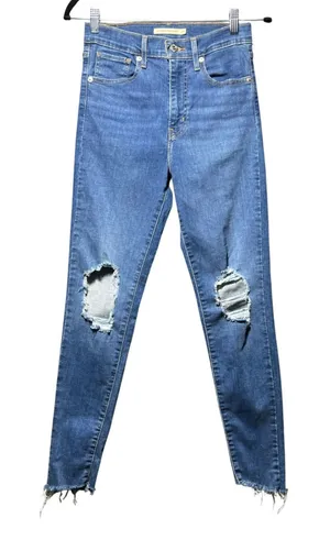 Levis Mile High Super Skinny Jeans 27 Medium Wash Distressed‎ Ripped Raw Hem thumbnail 1