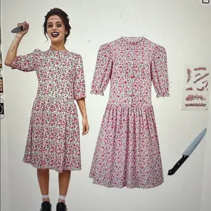 XS women’s pink floral dress costume horror cosplay with classic knife prop thumbnail 4