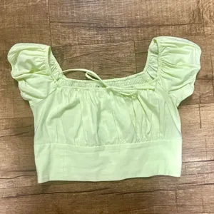 ZARA Smocked Puff Sleeve Milkmaid Crop Top Lime Green L-XL thumbnail 2