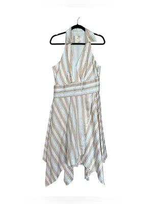 Anthropologie Maeve Asymmetrical Striped Wrap Halter Shirt Dress Size 14 Coastal thumbnail 5