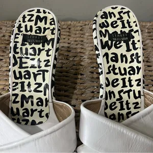 Stuart Weitzman New Black & White Leather‎ Graffiti Print Logo Sandal Wedge 9.5 thumbnail 8