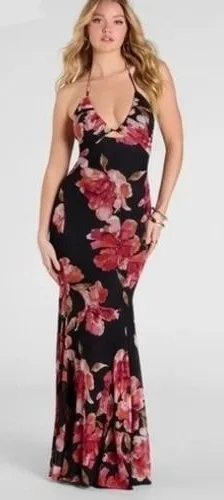 Windsor S Maxi Dress Malia Halter Floral Mesh Mermaid Ruched Formal Event Guest thumbnail 1