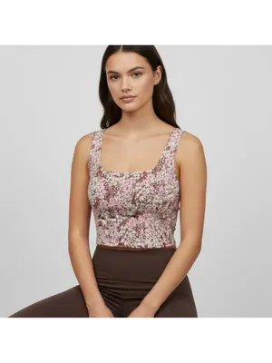 Lou & Grey Athletic Floral Crop Top Tank Large Pink Brown Cottagecore Stretchy thumbnail 2