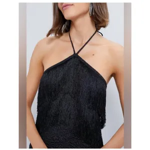 Tuckernuck Hyacinth House Black Halter Fringe Midi Dress Natalie size Small thumbnail 2