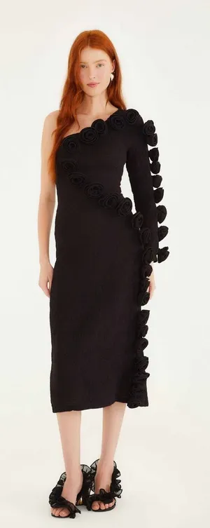 NWT FARM Rio Black One-Shoulder Midi Dress with Rosette Trim Small thumbnail 1