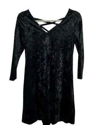 A. Byer 90s Black Crushed Velvet Mini Dress Long Sleeve V Neck Grunge Whimsigoth thumbnail 1