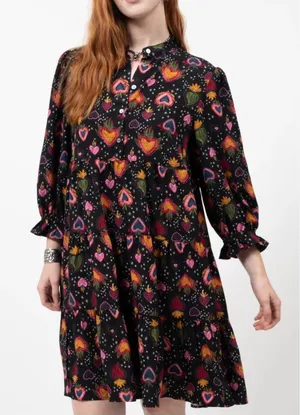 Uncle Frank Black Hearts of Flame Sacred Tiered Mini Dress Long Sleeve Medium thumbnail 1