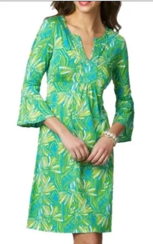 Lilly Pulitzer Silk Cotton Floral Bell Sleeve Dress Blue Green XS 96212 thumbnail 1