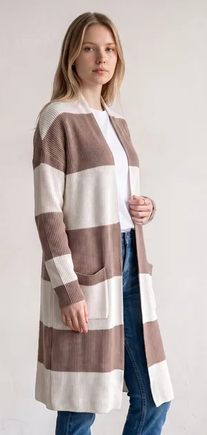 The Limited Womens Longline Striped Cardigan Duster Tan Cream Size M thumbnail 1