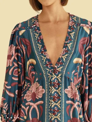 Farm Rio‎ Seashell Tapestry Teal Mini Dress NWT XXS Boho thumbnail 3