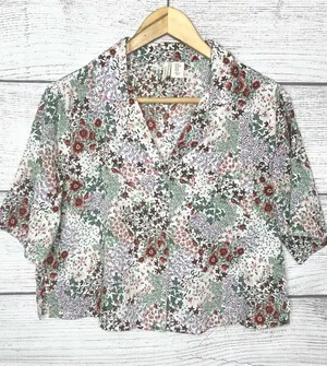 Cynthia Rowley Floral Multicolor Button-Front Cropped Sleep Shirt Size Medium thumbnail 1