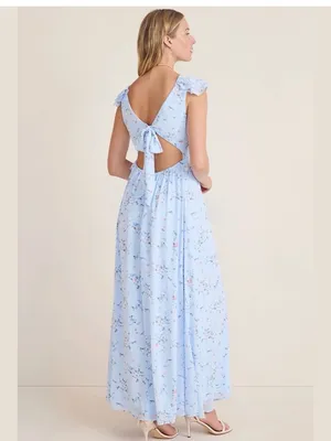 Francesca's Collections Kadence Bow Back Light Blue Floral Ruffle Maxi Dress thumbnail 2