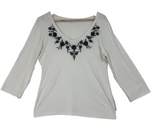 Garnet Hill Ivory Floral Embroidered 3/4‎ Sleeve Top Sz L Boho Feminine Casual thumbnail 1