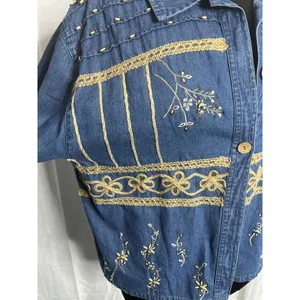 Tantrums Jacket Women XL Blue Good Vintage‎ Embroidered Beaded Denim Retro thumbnail 2