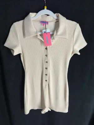 Edikted Button-Up Romper Jumpsuit Beige thumbnail 1