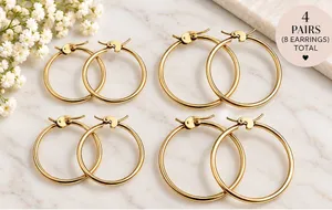 4 pairs - Gold Stainless Steel Hoop Earring Set cute new daily wear gift thumbnail 1