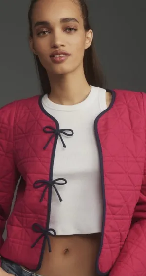 NWT $138 Anthropologie x DOLAN Pink Bow-Front Linen Quilted Lady Jacket S thumbnail 1
