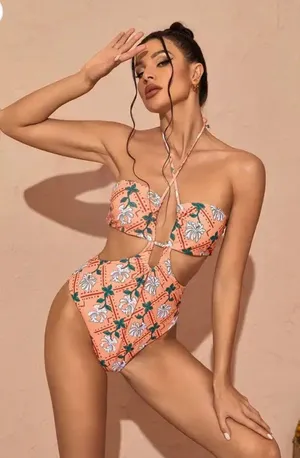 High Leg One Piece Swimwear Women Print Swimsuit Cut Out.. thumbnail 2