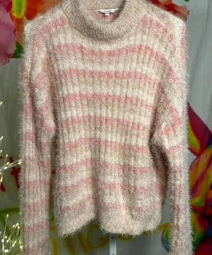 S49. Candie's pink & white striped fuzzy sweater Size XL thumbnail 1