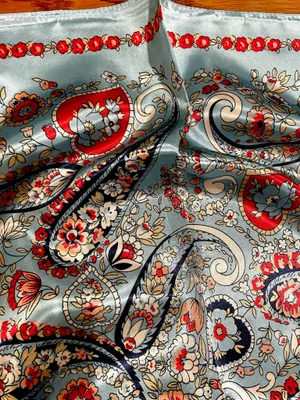 VINTAGE aqua blue paisley super boho print oversized silky scarf 35/35 thumbnail 7