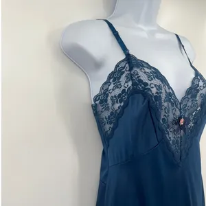 Vtg Val Mode Y2K Slip Dress Sz 32 Coquette Lace Midi Bow 90 Sheer USA Satin Blue thumbnail 4