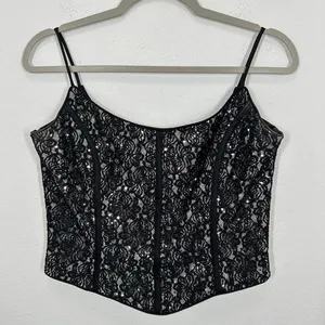 Jessica McClintock Gunne Sax Black Lace Sequin‎ Corset Top Strappy Evening Glam thumbnail 2