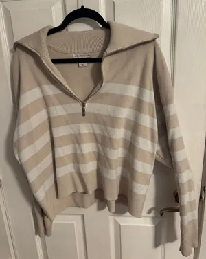 Sincerely Jules Beige and White Striped Half-Zip Sweater thumbnail 1