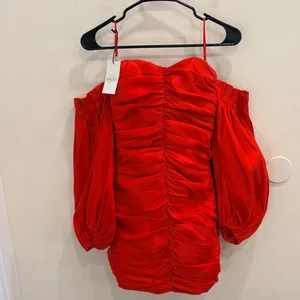 Bardot Marissa Mini Dress Red Ruched Taffeta Off Shoulder Balloon Sleeve XS NEW thumbnail 2