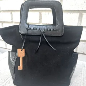 Fossil Black Canvas Leather Trim Satchel Bag Y2K Square Handles Crossbody Key thumbnail 1
