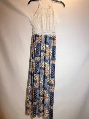Boho Patchwork Floral Lace Halter Tie Waist Flowy Maxi Dress Size M thumbnail 2