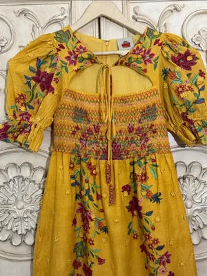 Farm Rio Boho Floral Dream Yellow Smocked Midi Dress - Sz Small thumbnail 4