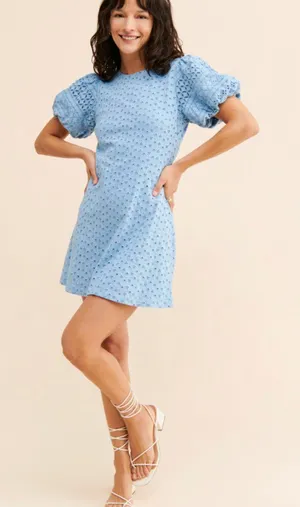 Free People Apricot Rose Sky Blue Puff Sleeve Ruffle Mini Dress Size S thumbnail 1