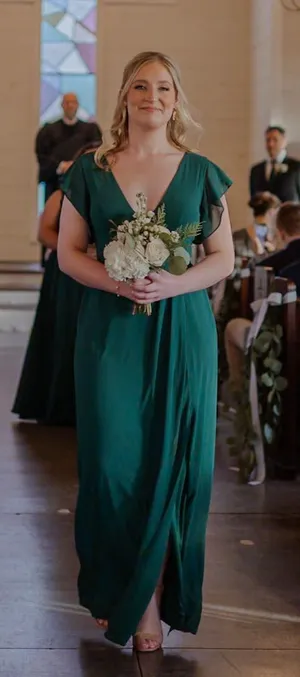 David's Bridal Juniper Green V-Neck Flutter Sleeve Bridesmaid Dress thumbnail 1