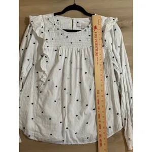 LOFT Blouse White M Womens Heart Print Ruffle Smocked Swiss Dot Long Sleeve thumbnail 3