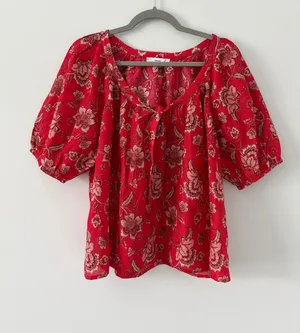 MNG Mango Red Paisley Floral Square Neck Elbow Balloon Sleeves Cotton Linen Top thumbnail 1