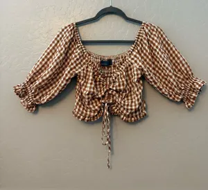 Indigo Rising brown white gingham plaid tie front ruffled crop top medium thumbnail 1