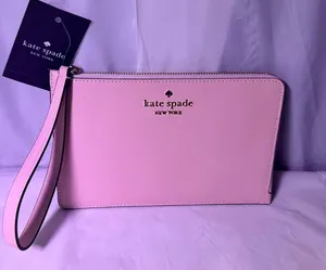 kate spade Pink Saffiano Wristlet Pouch with Gold Logo thumbnail 1