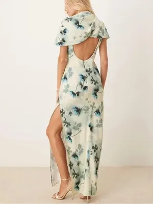 Asos Women's Natural High Neck Drape‎ Bodice Cape Floral Maxi Dress Women’s Sz 8 thumbnail 6