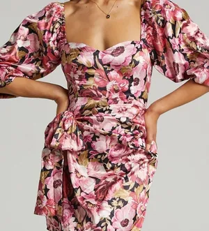 SHOWPO Chloie Puff Sleeve Drape Mini Dress In Boudoir Blooms thumbnail 1