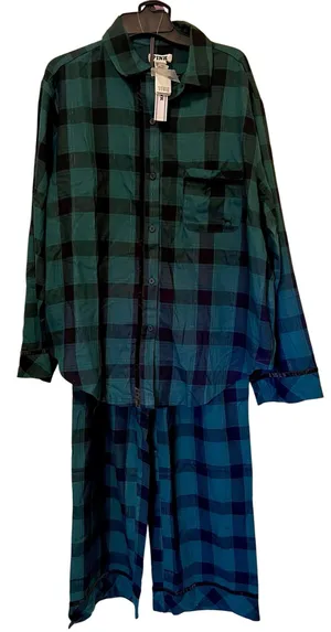 Victorias Secret Pink Pajamas Sz M Flannel Forrest Green Black Plaid Cotton NWT thumbnail 2