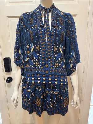 Farm Rio Tropical Magic Blue Patterned Tie-Neck Women’s Dress Size Medium thumbnail 4