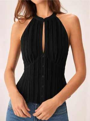 Rihoas Black Mandarin Collar Cut Out Tank Top thumbnail 2